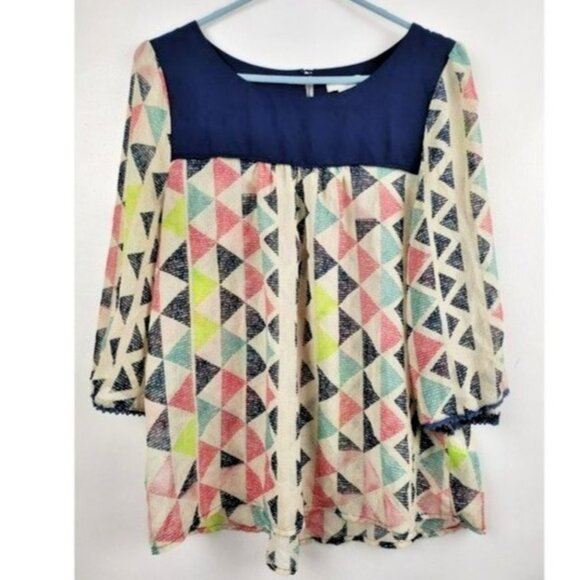 Umgee Tops - Umgee Womens Blouse Top Large Blue Abstract Chiffon Flare Sleeve Sheer BOHO